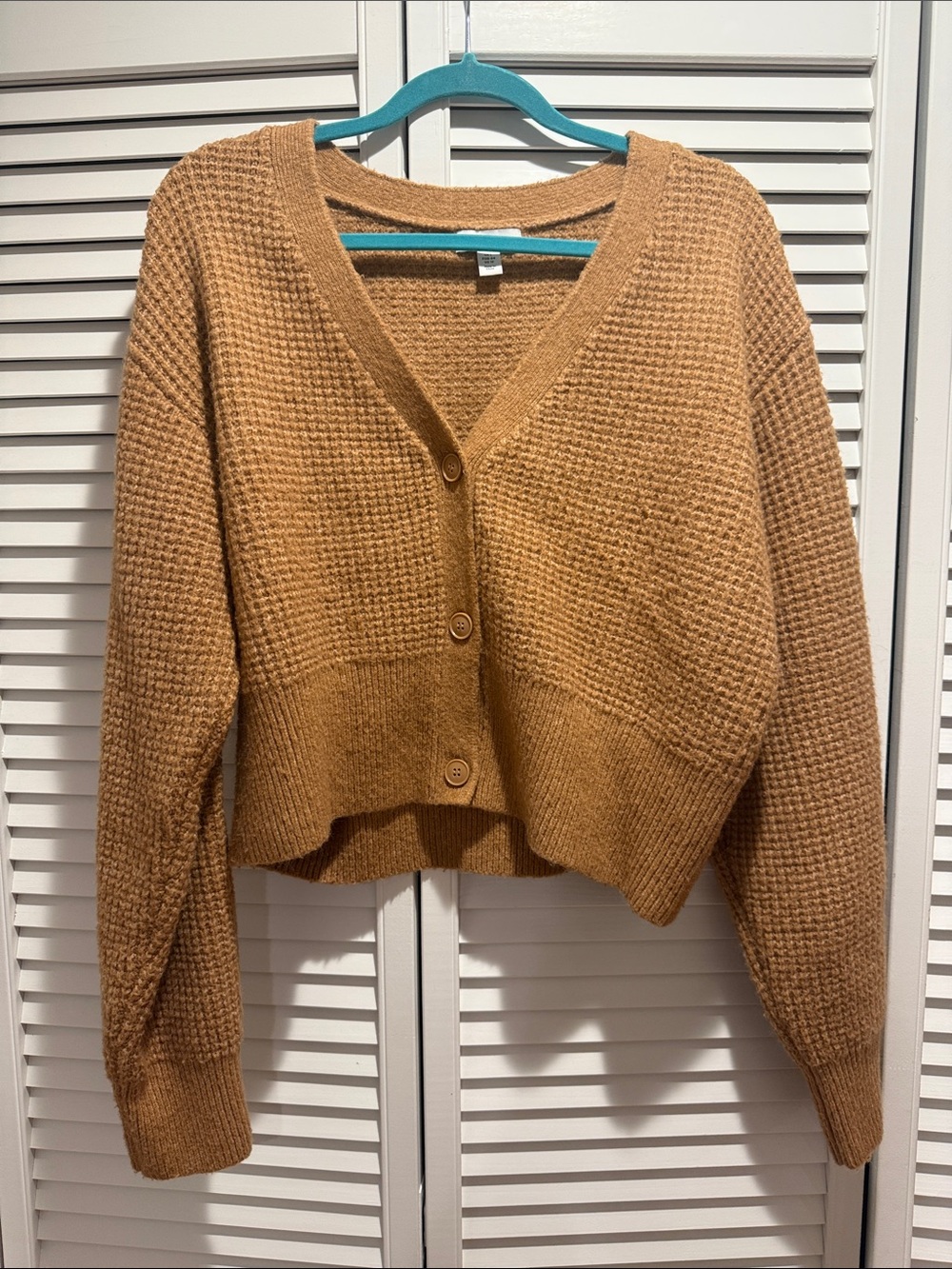 Cropped V‑Neck Waffle Knit Cardigan — mustard yellow